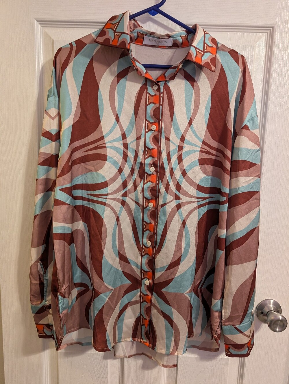 Magnolia Orange And Brown Geometrical Swirl Retro 70's Style Long Sleeve Size L